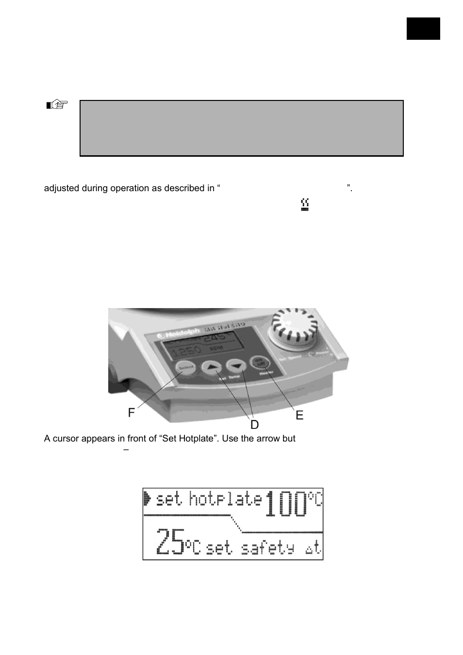 Switching on the heater, Heating without temperature sensor, Setting the hotplate temperature | Heidolph MR Hei-End User Manual | Page 37 / 124