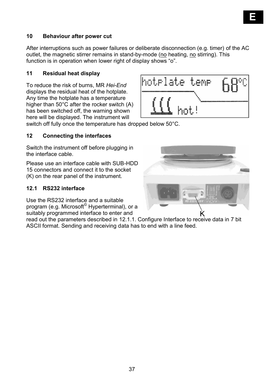 Behaviour after power cut, Residual heat display, Connecting the interfaces | 1 rs232 interface | Heidolph MR Hei-End User Manual | Page 39 / 124