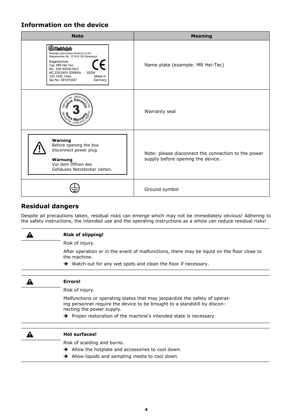 Information on the device, Residual dangers | Heidolph MR Hei-Mix D User Manual | Page 12 / 24