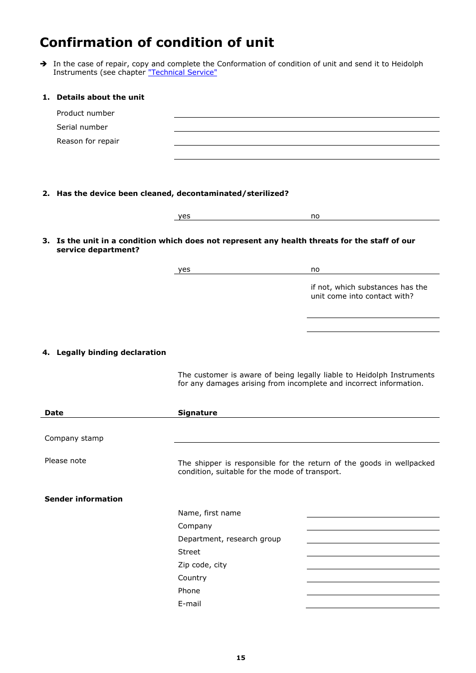 Confirmation of condition of unit | Heidolph MR Hei-Mix D User Manual | Page 23 / 24
