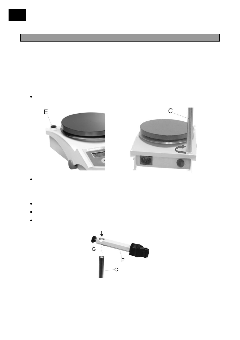 Aufbau und inbetriebnahme, Auspacken, Aufbau des ekt hei-con | Befestigen des haltestabes am magnetrührer, Befestigen halterung für temperaturmeßfühler | Heidolph EKT Hei-Con G User Manual | Page 6 / 78