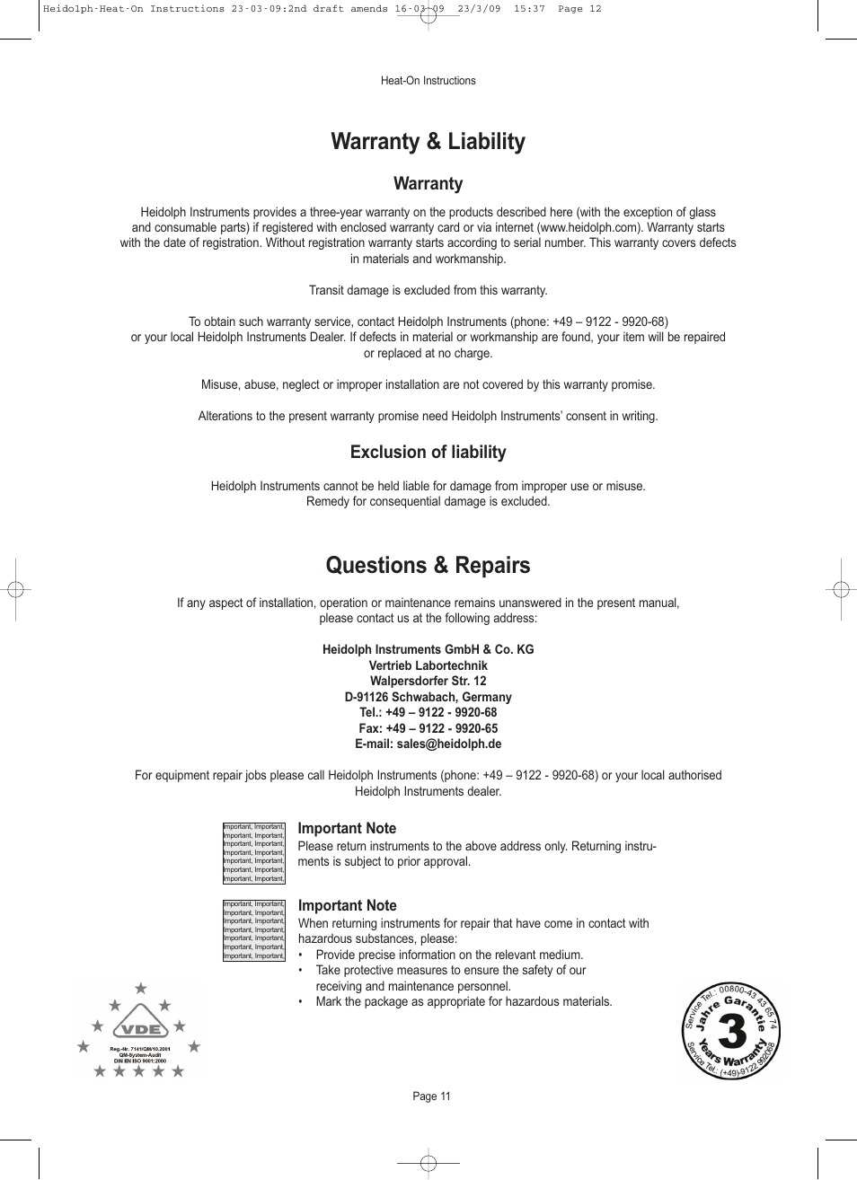 Warranty & liability, Questions & repairs, Warranty | Exclusion of liability | Heidolph Heat-On User Manual | Page 12 / 13