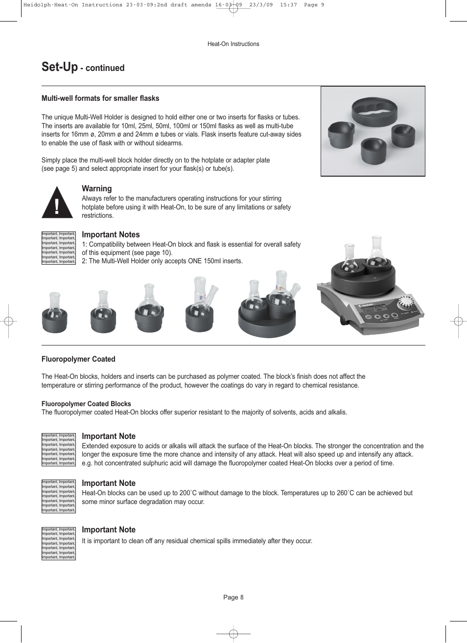 Set-up, Continued, Warning | Fluoropolymer coated, Multi-well formats for smaller flasks | Heidolph Heat-On User Manual | Page 9 / 13