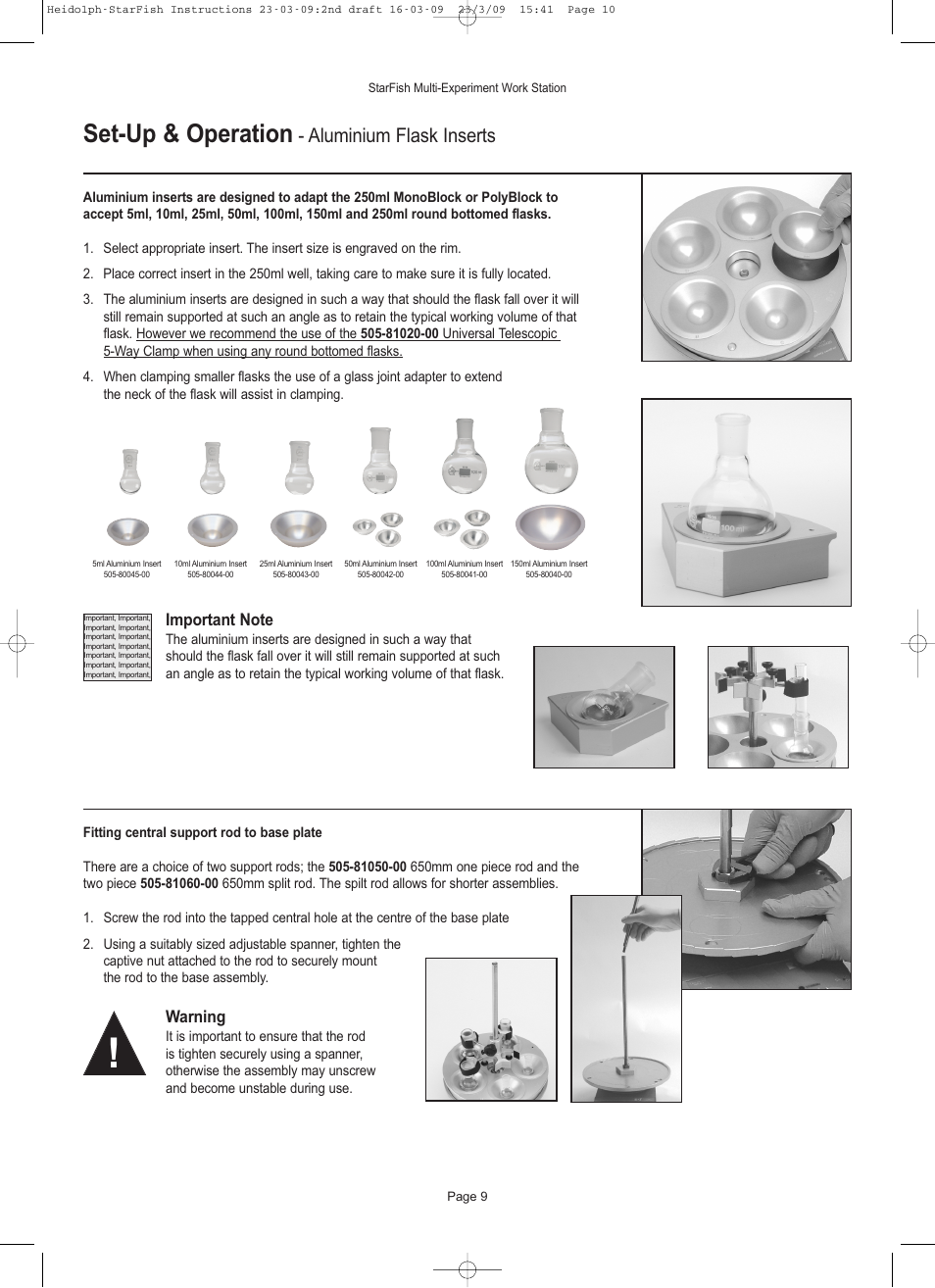 Set-up & operation, Aluminium flask inserts, Warning | Heidolph StarFish Water & Gas/Vacuum Distribution Manifolds User Manual | Page 10 / 17