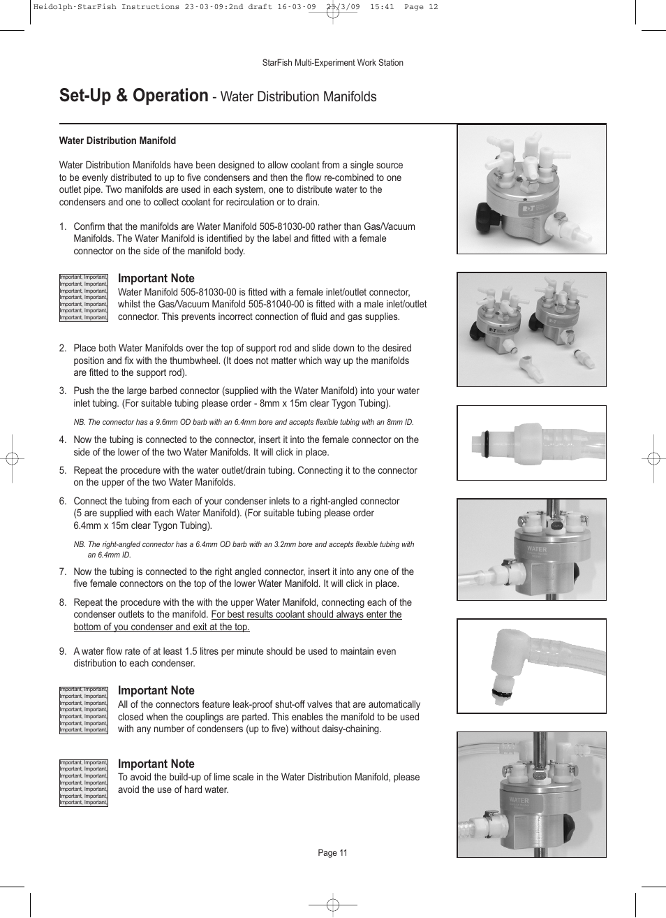 Set-up & operation, Water distribution manifolds | Heidolph StarFish Water & Gas/Vacuum Distribution Manifolds User Manual | Page 12 / 17