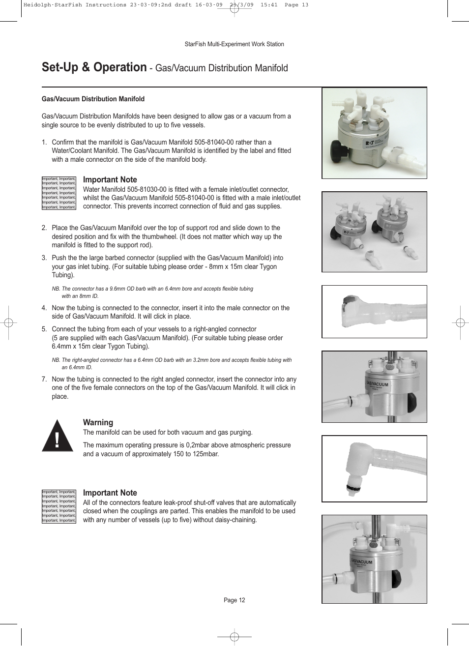 Set-up & operation, Gas/vacuum distribution manifold, Warning | Heidolph StarFish Water & Gas/Vacuum Distribution Manifolds User Manual | Page 13 / 17