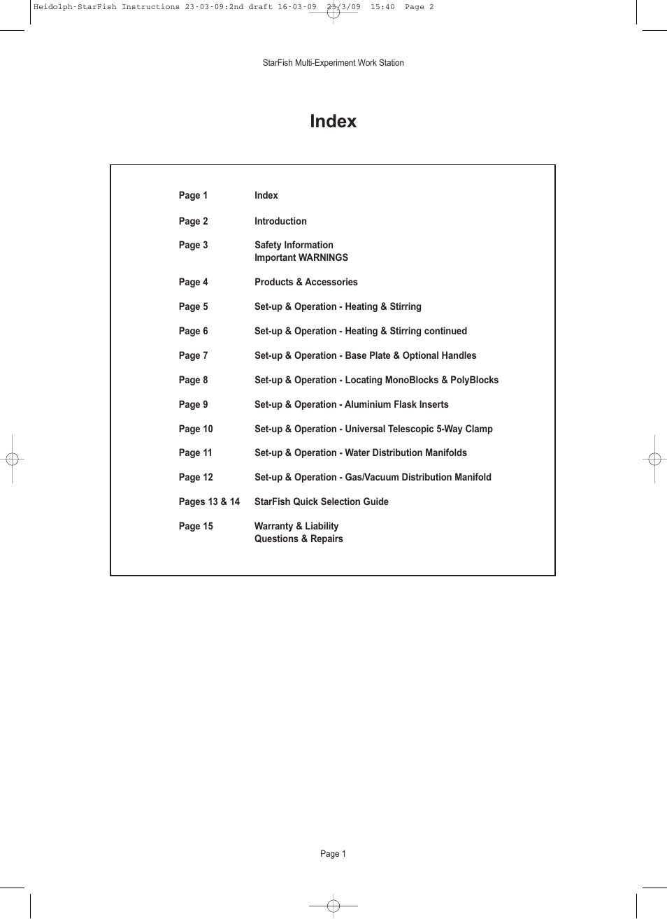 Index | Heidolph StarFish Water & Gas/Vacuum Distribution Manifolds User Manual | Page 2 / 17