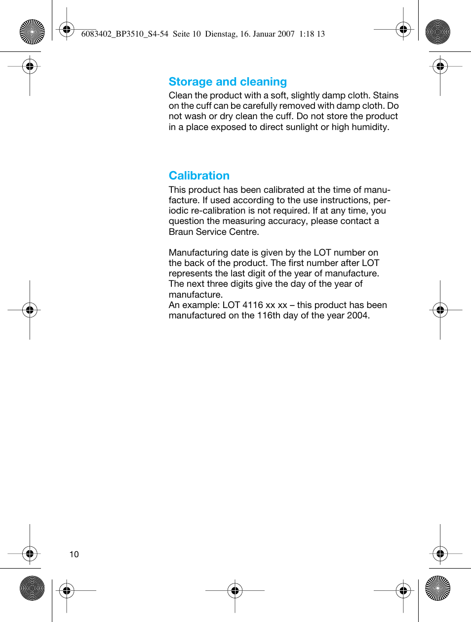 Storage and cleaning, Calibration | Braun BP3510 User Manual | Page 10 / 53