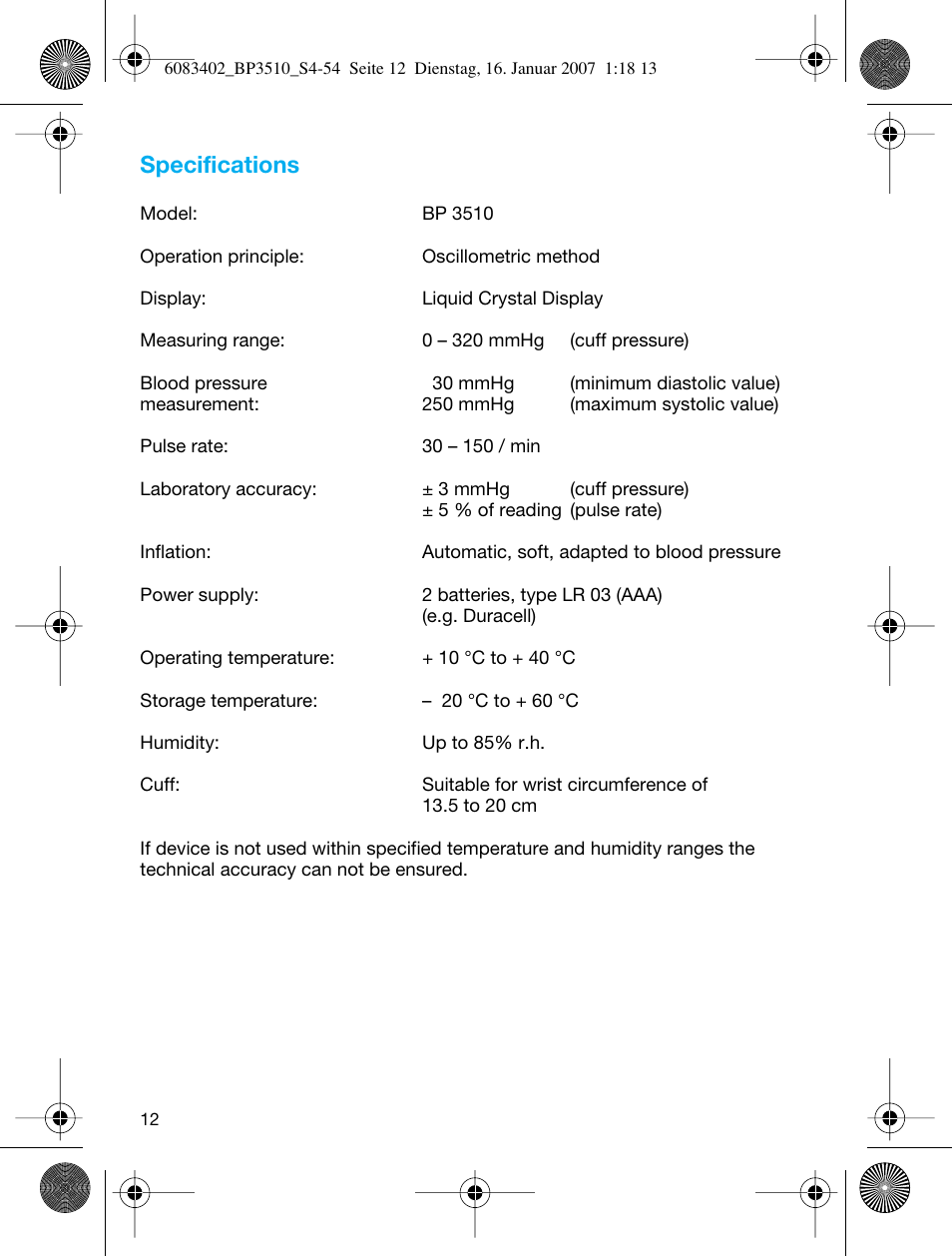 Specifications | Braun BP3510 User Manual | Page 12 / 53