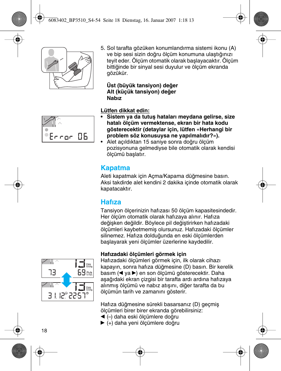 Kapatma, Haf∂za | Braun BP3510 User Manual | Page 18 / 53