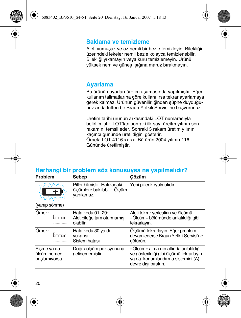 Saklama ve temizleme, Ayarlama, Herhangi bir problem söz konusuysa ne yap∂lmal∂d∂r | Braun BP3510 User Manual | Page 20 / 53