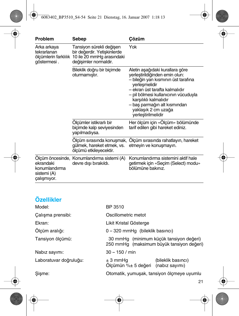 Özellikler | Braun BP3510 User Manual | Page 21 / 53