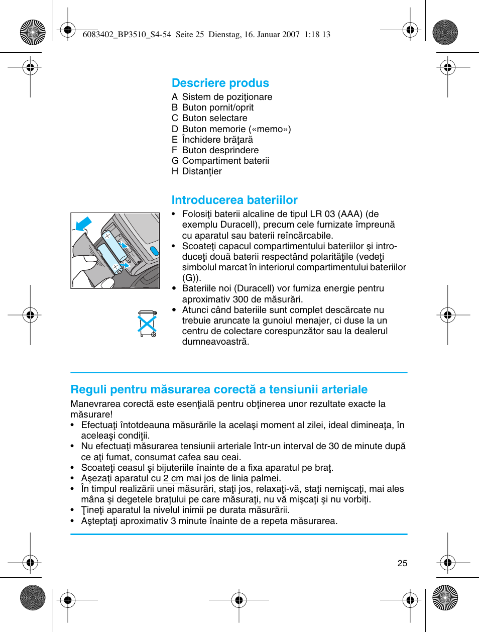 Descriere produs, Introducerea bateriilor | Braun BP3510 User Manual | Page 25 / 53