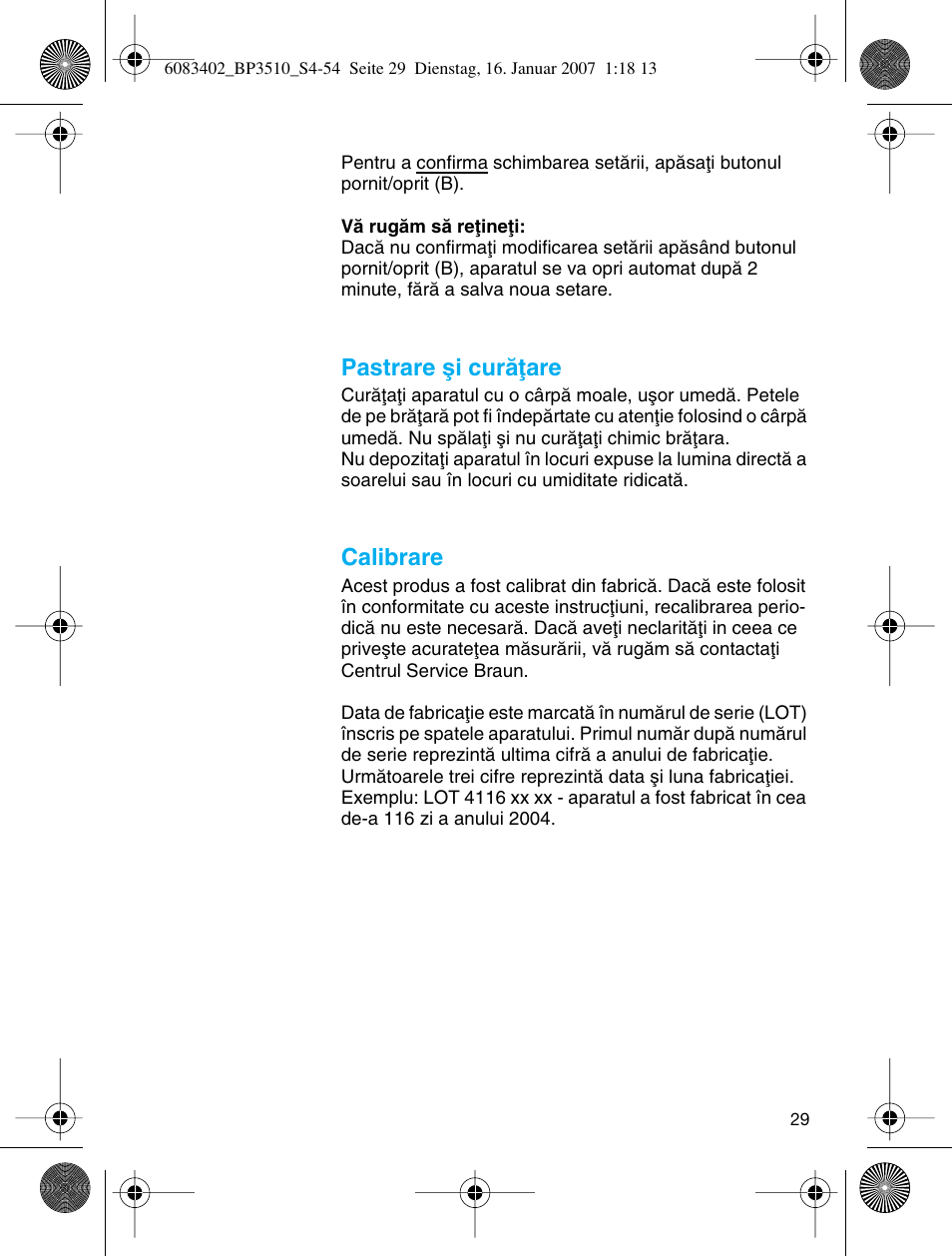 Pastrare µi curåøare, Calibrare | Braun BP3510 User Manual | Page 29 / 53