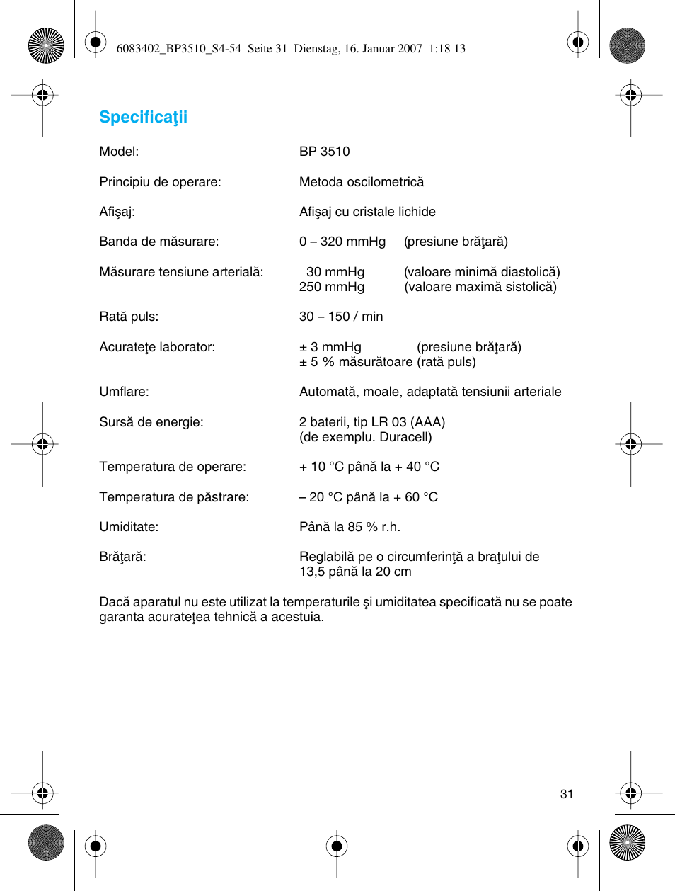 Specificaøii | Braun BP3510 User Manual | Page 31 / 53