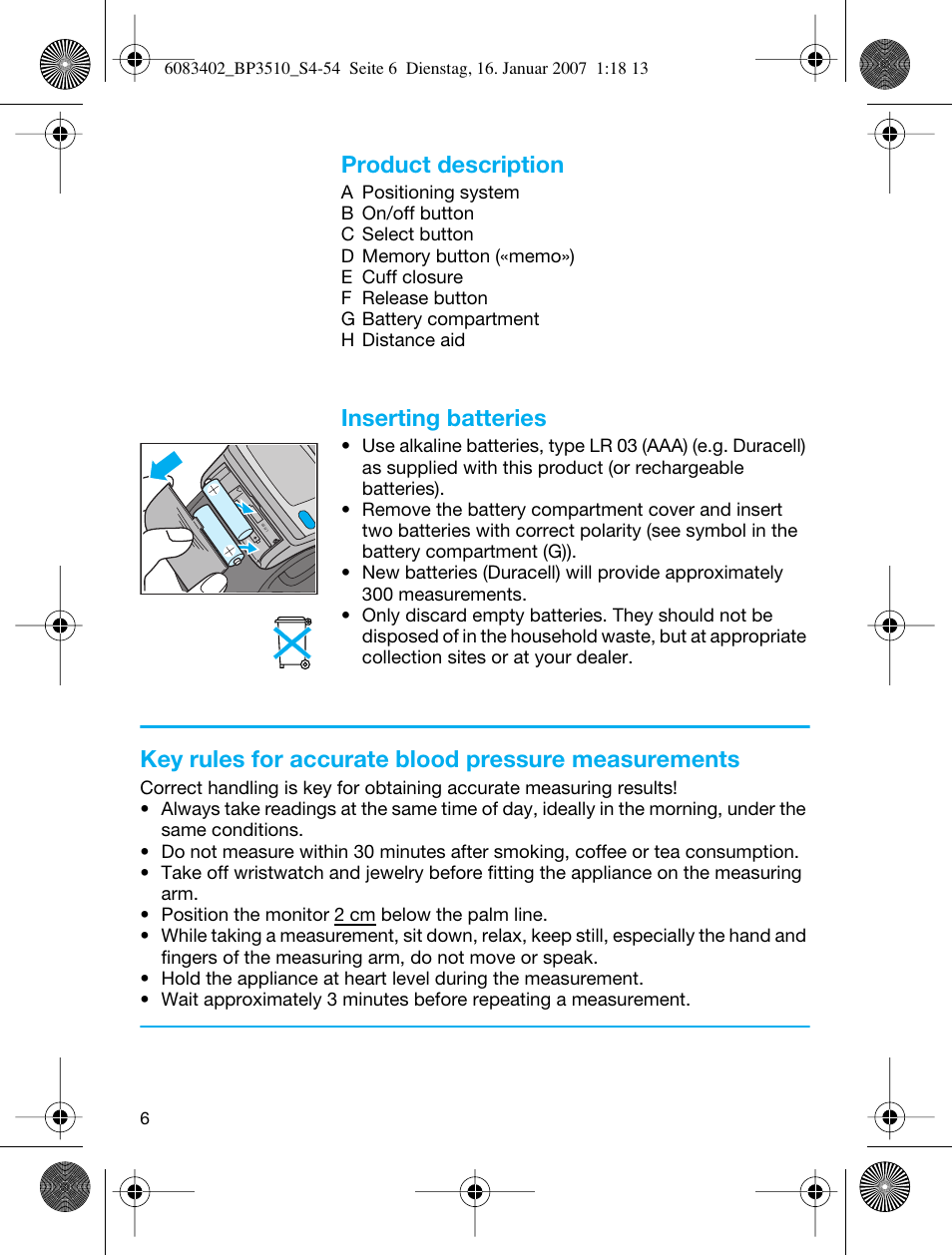 Product description, Inserting batteries, Key rules for accurate blood pressure measurements | Braun BP3510 User Manual | Page 6 / 53