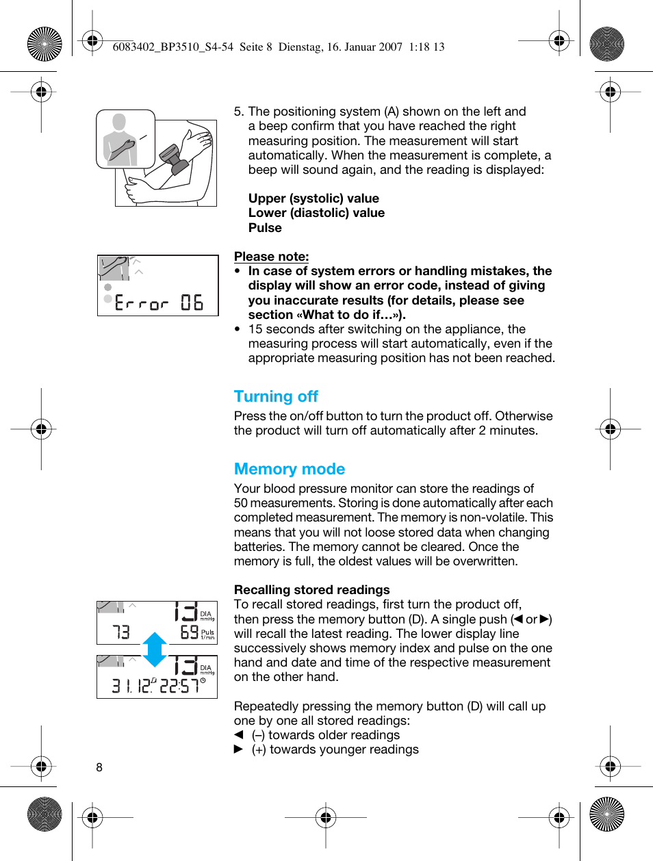 Turning off | Braun BP3510 User Manual | Page 8 / 53