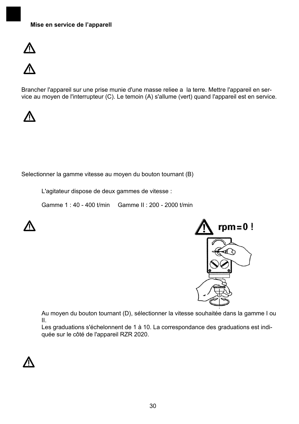 Ise en service de l, Apparell, Eglage de la vitesse de rotation | Heidolph RZR 2041 User Manual | Page 30 / 58