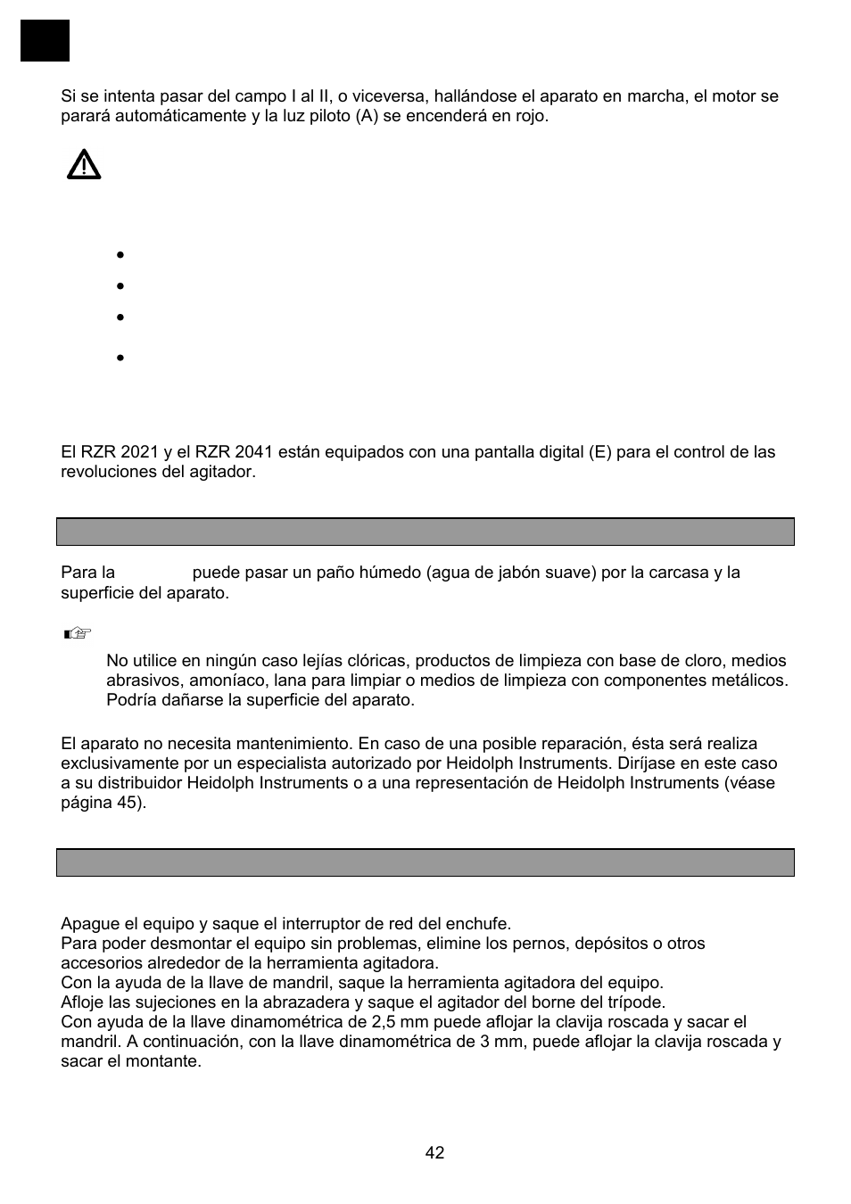 Ndicación del número de revoluciones, Limpieza y mantenimiento, Desmontaje, transporte y almacenamiento | Heidolph RZR 2041 User Manual | Page 42 / 58