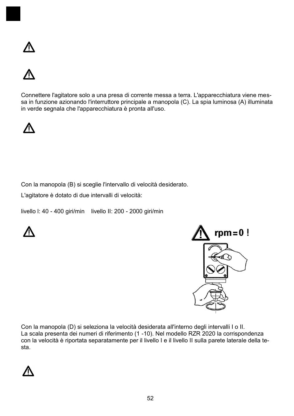 Ccensione dell, Apparecchiatura, Mpostazione della velocità | Heidolph RZR 2041 User Manual | Page 52 / 58