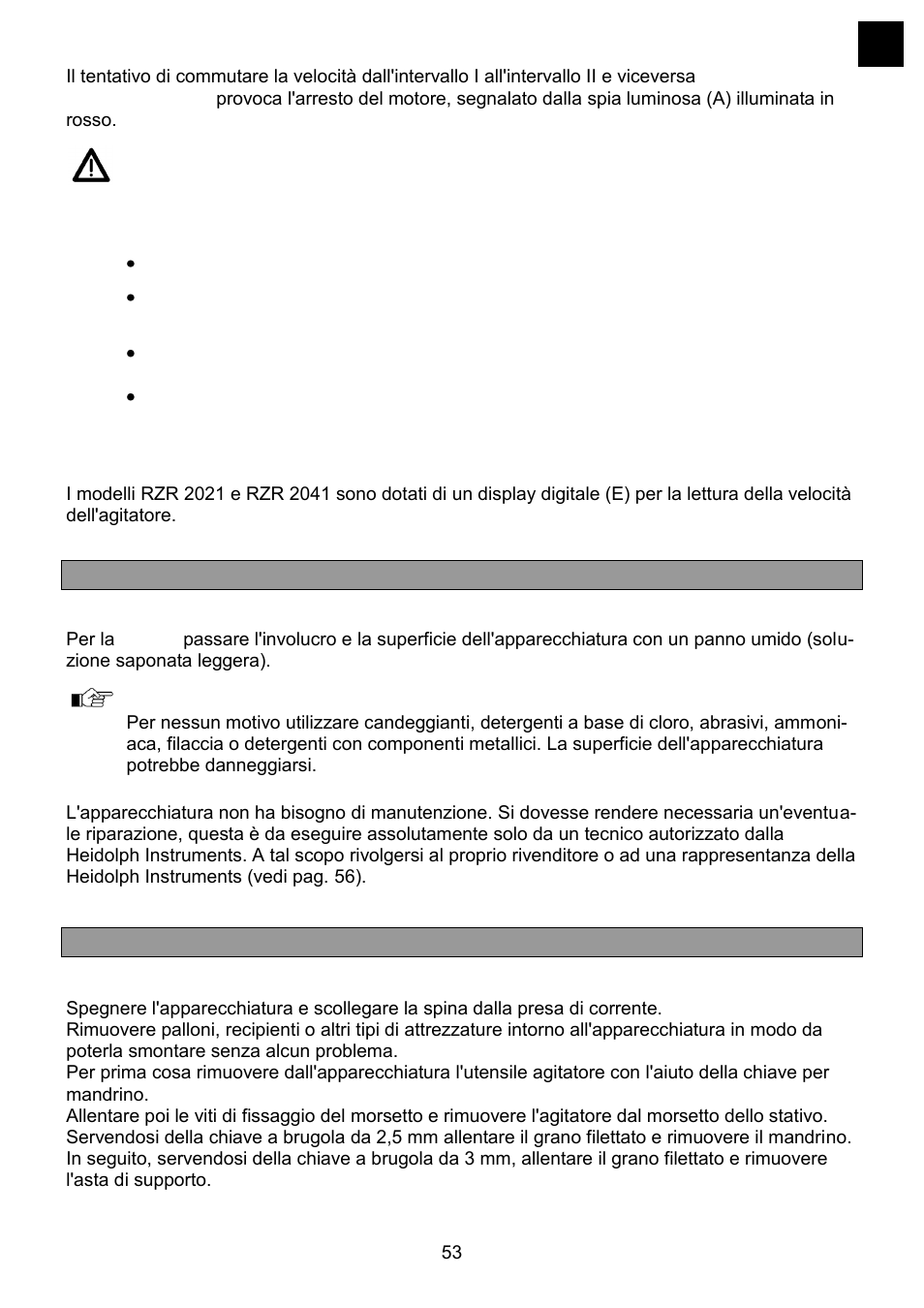 Isualizzazione della velocità, Pulizia e manutenzione, Smontaggio, trasporto e deposito | Heidolph RZR 2041 User Manual | Page 53 / 58