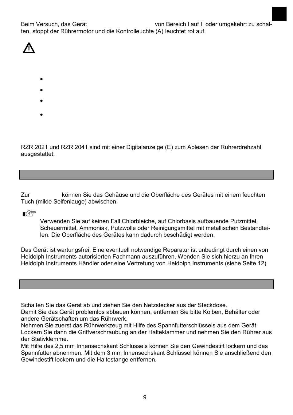 Rehzahlanzeige, Reinigung und wartung, Abbau, transport und lagerung | Heidolph RZR 2041 User Manual | Page 9 / 58