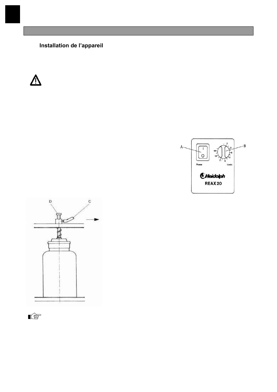 Structure, Installation de l’appareil, Branchement électrique | Montage des flacons, Flacons d'une contenance de 2000 ml | Heidolph REAX 20 User Manual | Page 26 / 54