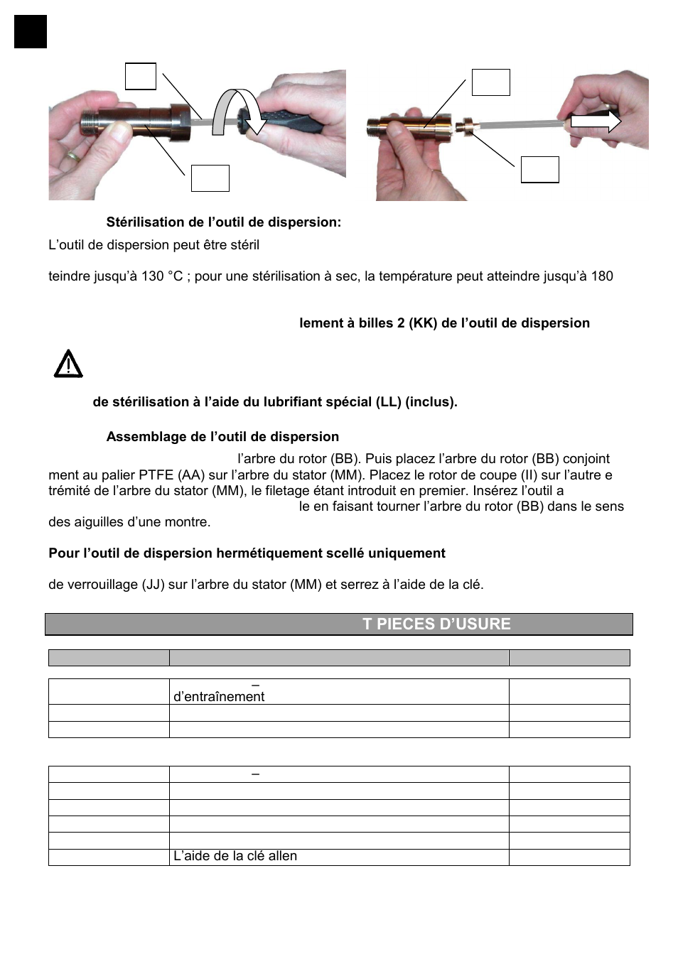 Stérilisation de l’outil de dispersion, Assemblage de l’outil de dispersion, Pieces de rechange e | T pieces d’usure | Heidolph SilentCrusher M User Manual | Page 74 / 146