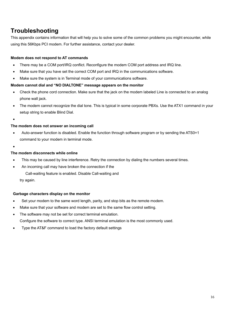 Troubleshooting | HiRO H50083 V92 56K User Manual | Page 16 / 16