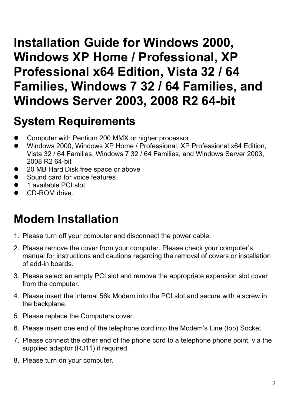 System requirements, Modem installation | HiRO H50083 V92 56K User Manual | Page 3 / 16