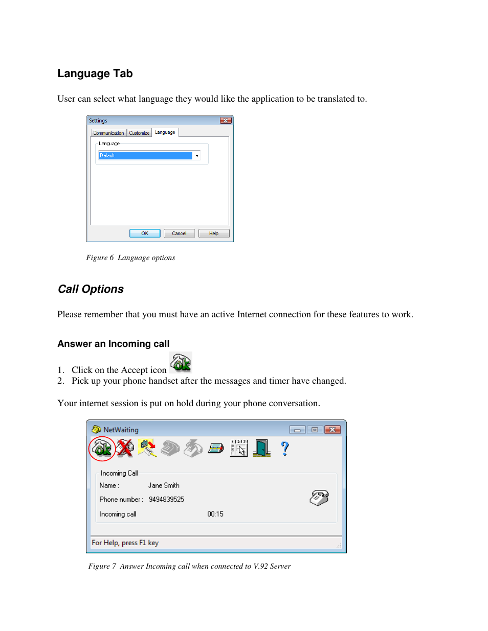 Language tab, Call options | HiRO H50198 V92 56K User Manual | Page 4 / 7
