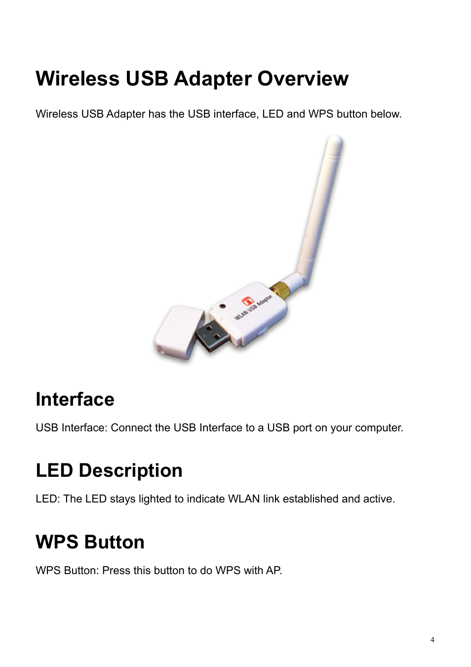 Wireless usb adapter overview, Interface, Led description | Wps button | HiRO H50194 User Manual | Page 4 / 41