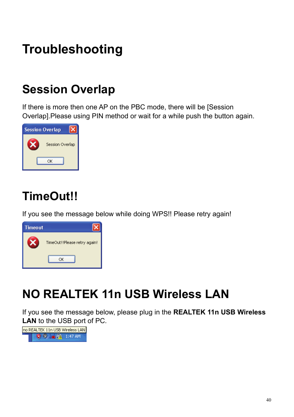 Troubleshooting, Session overlap, Timeout | No realtek 11n usb wireless lan | HiRO H50194 User Manual | Page 40 / 41