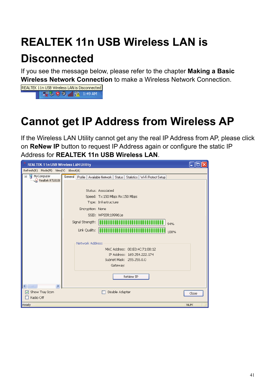 Realtek 11n usb wireless lan is disconnected, Cannot get ip address from wireless ap | HiRO H50194 User Manual | Page 41 / 41