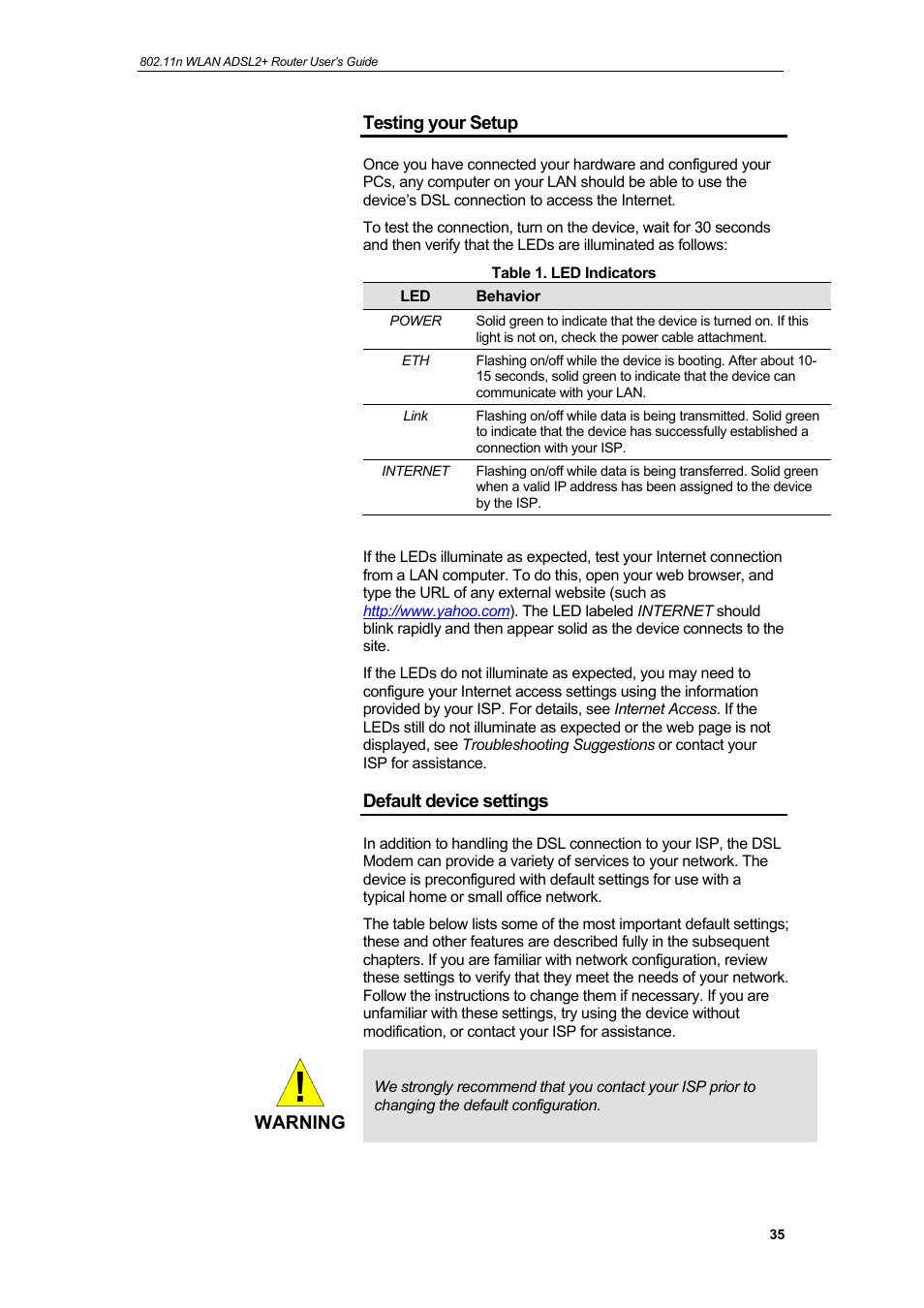 Testing your setup, Default device settings, Warning | HiRO H50212 User Manual | Page 35 / 211