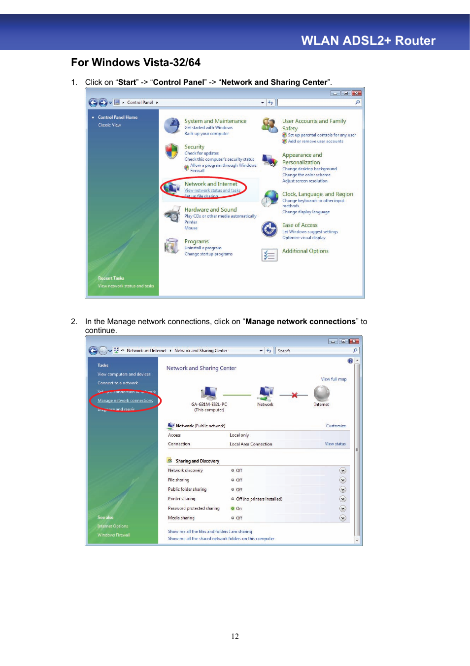 Wlan adsl2+ router, For windows vista-32/64 | HiRO H50188 User Manual | Page 14 / 71