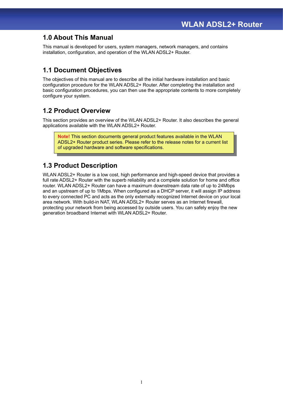 Wlan adsl2+ router, 0 about this manual, 1 document objectives | 2 product overview, 3 product description | HiRO H50188 User Manual | Page 3 / 71