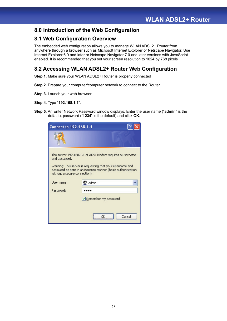 Wlan adsl2+ router, 2 accessing wlan adsl2+ router web configuration | HiRO H50188 User Manual | Page 30 / 71