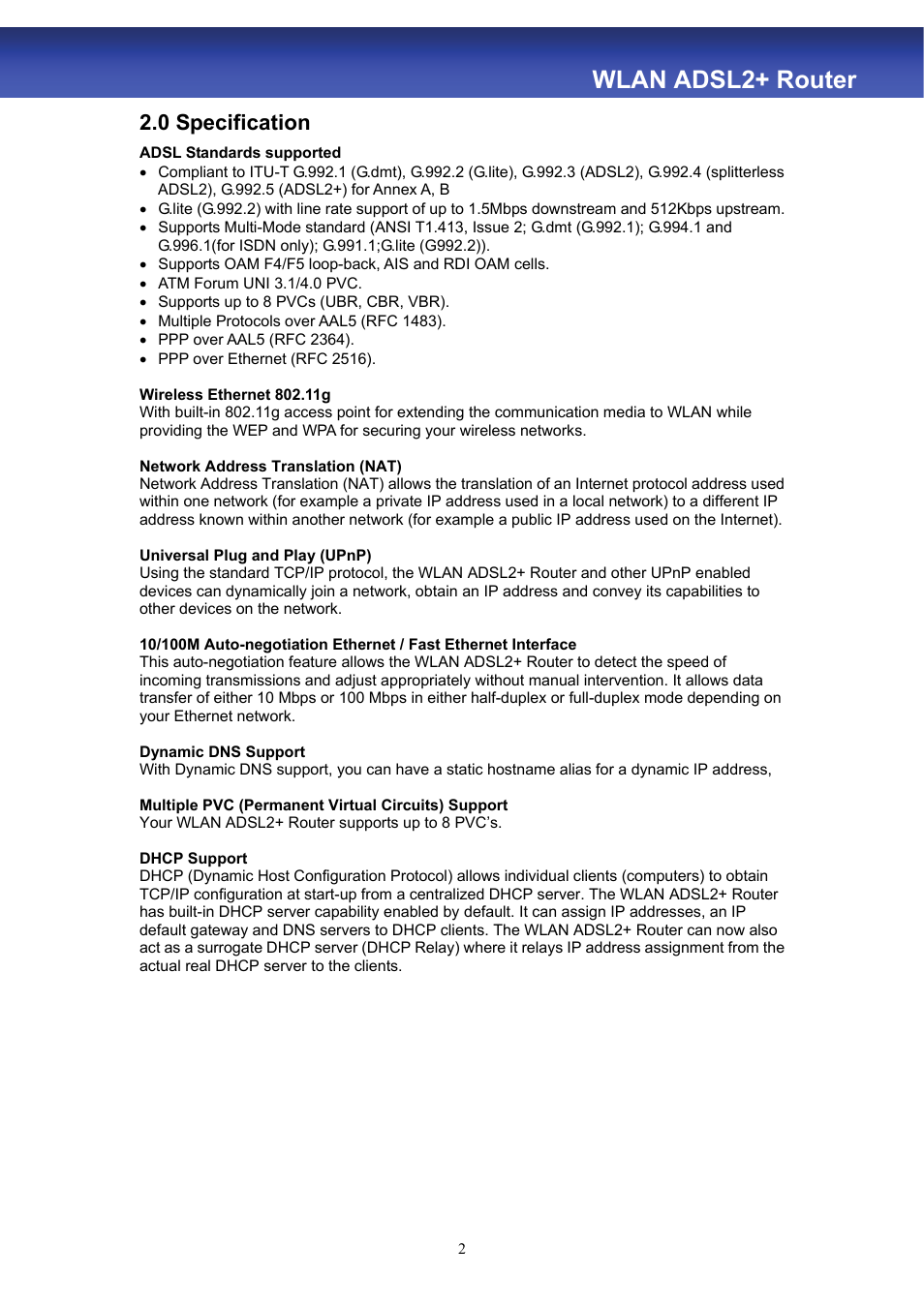 Wlan adsl2+ router, 0 specification | HiRO H50188 User Manual | Page 4 / 71