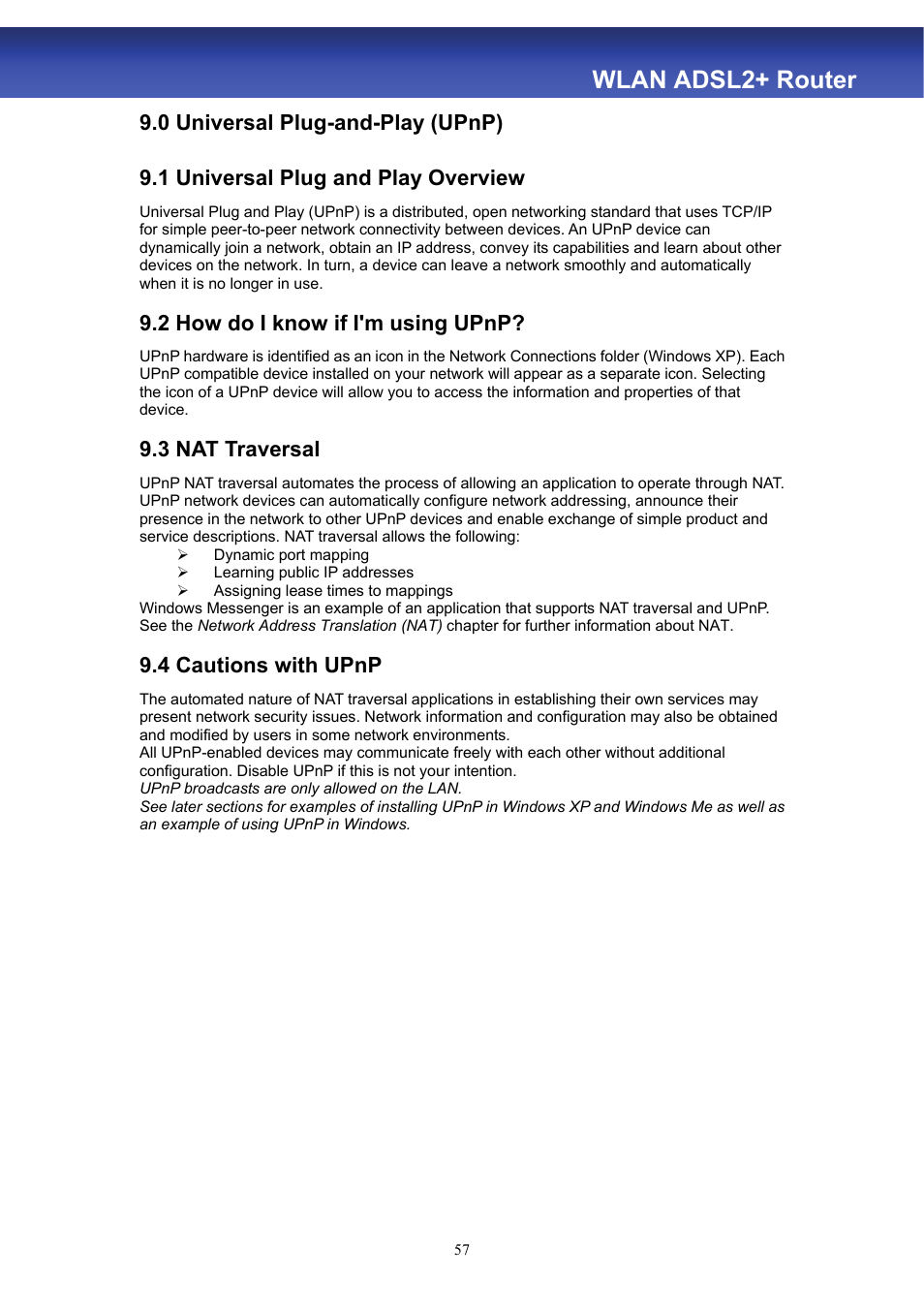 Wlan adsl2+ router, 0 universal plug-and-play (upnp), 1 universal plug and play overview | 2 how do i know if i'm using upnp, 3 nat traversal, 4 cautions with upnp | HiRO H50188 User Manual | Page 59 / 71