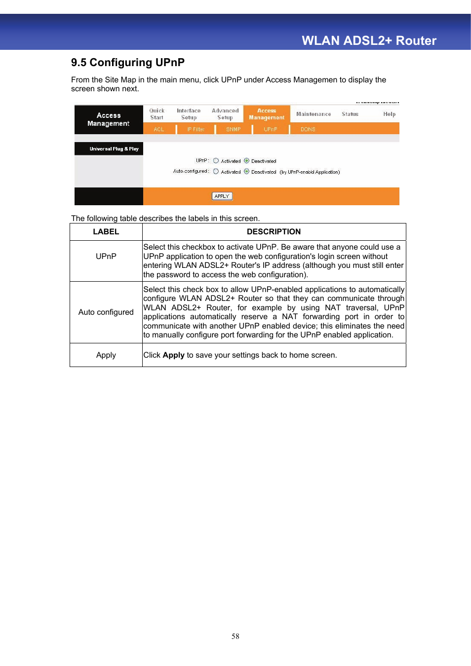 Wlan adsl2+ router, 5 configuring upnp | HiRO H50188 User Manual | Page 60 / 71