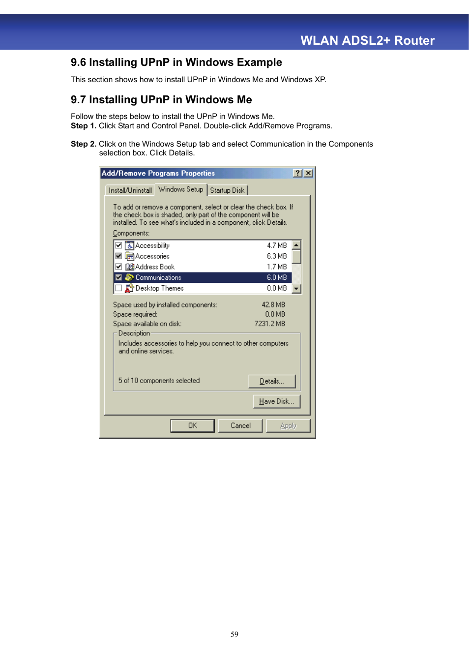 Wlan adsl2+ router, 6 installing upnp in windows example, 7 installing upnp in windows me | HiRO H50188 User Manual | Page 61 / 71
