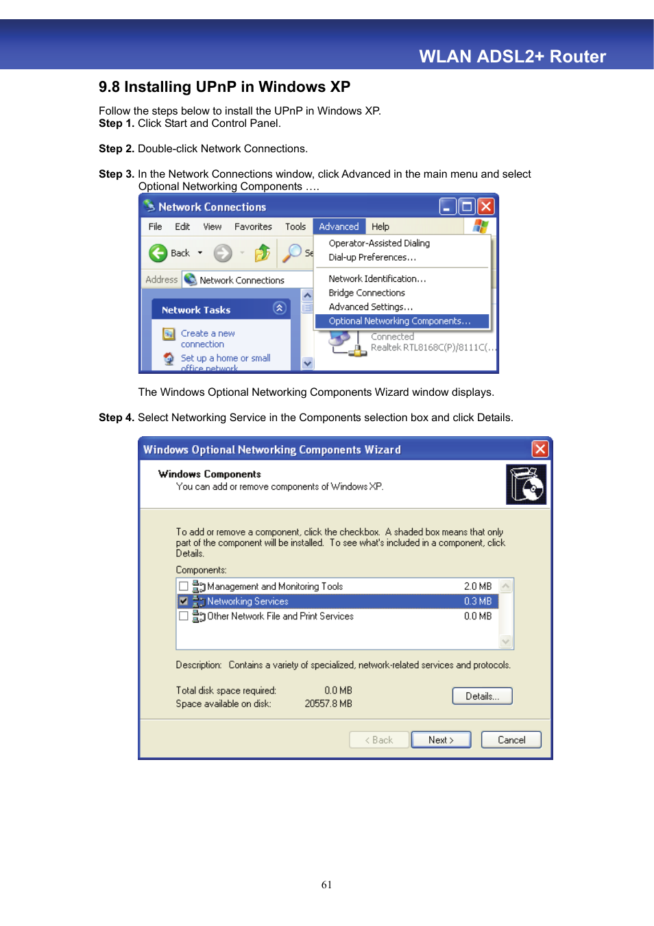 Wlan adsl2+ router, 8 installing upnp in windows xp | HiRO H50188 User Manual | Page 63 / 71