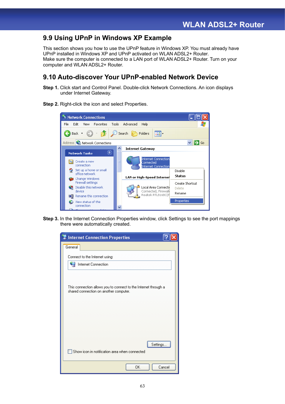 Wlan adsl2+ router, 9 using upnp in windows xp example, 10 auto-discover your upnp-enabled network device | HiRO H50188 User Manual | Page 65 / 71