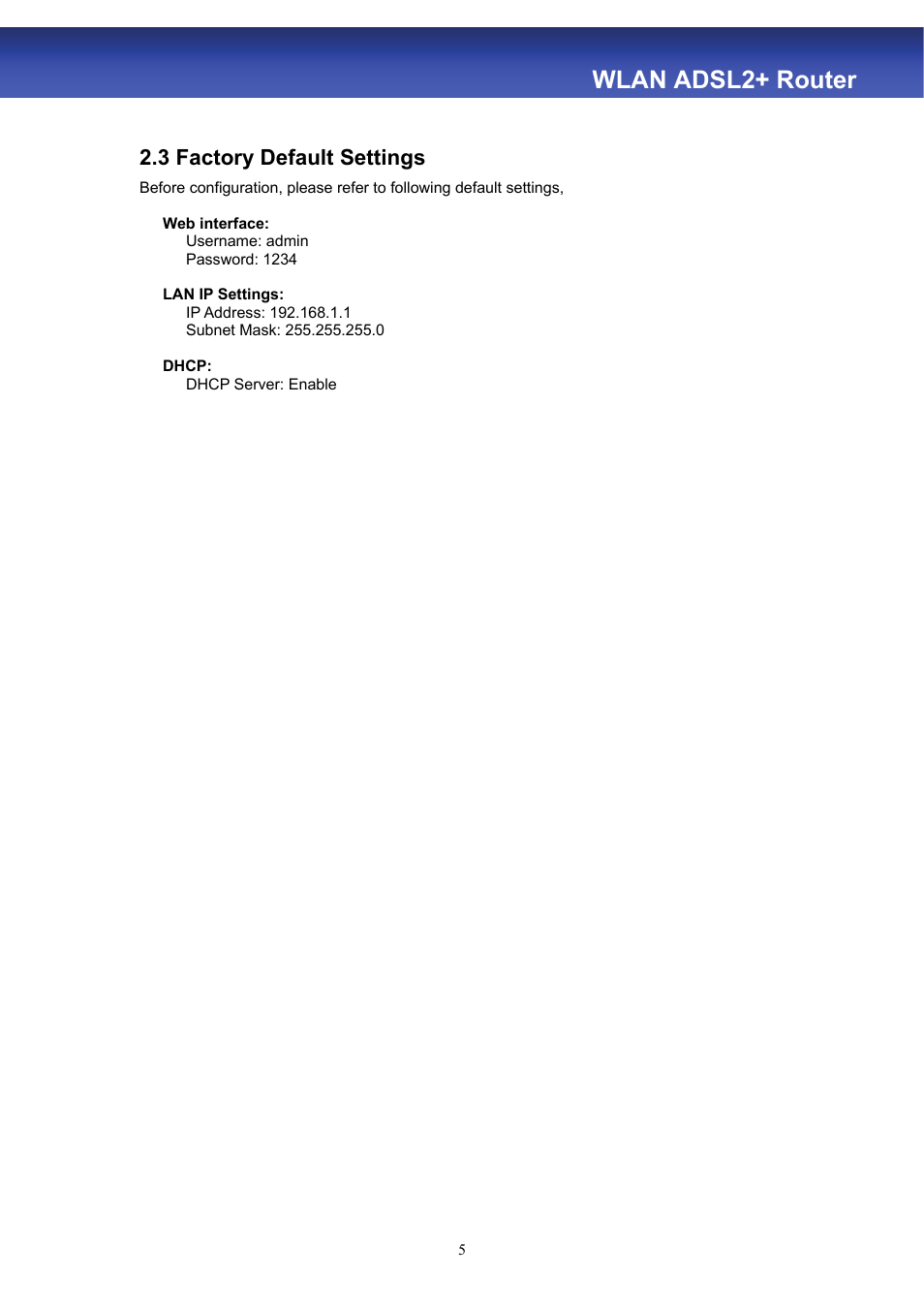 Wlan adsl2+ router, 3 factory default settings | HiRO H50188 User Manual | Page 7 / 71