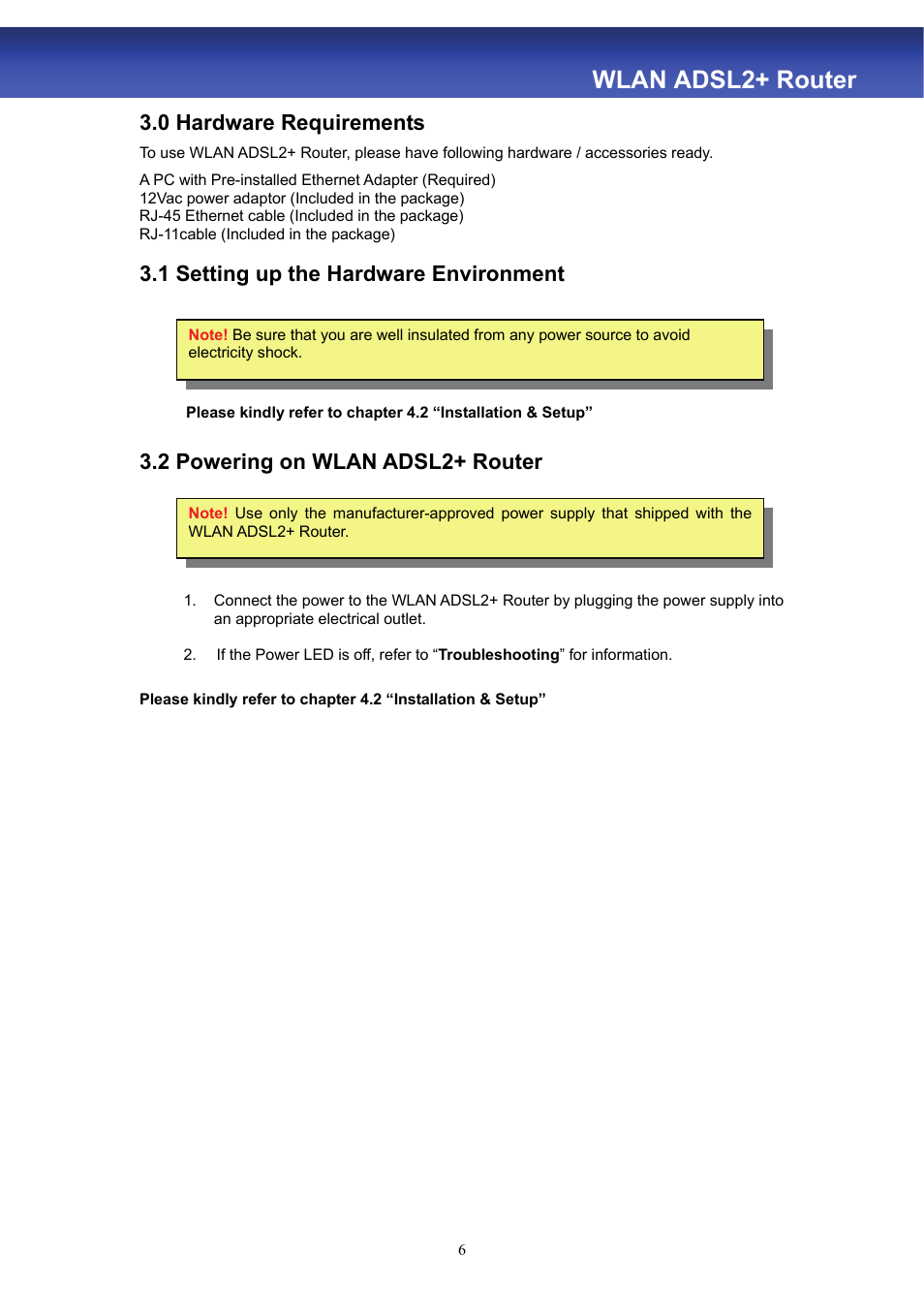 Wlan adsl2+ router, 0 hardware requirements, 1 setting up the hardware environment | 2 powering on wlan adsl2+ router | HiRO H50188 User Manual | Page 8 / 71