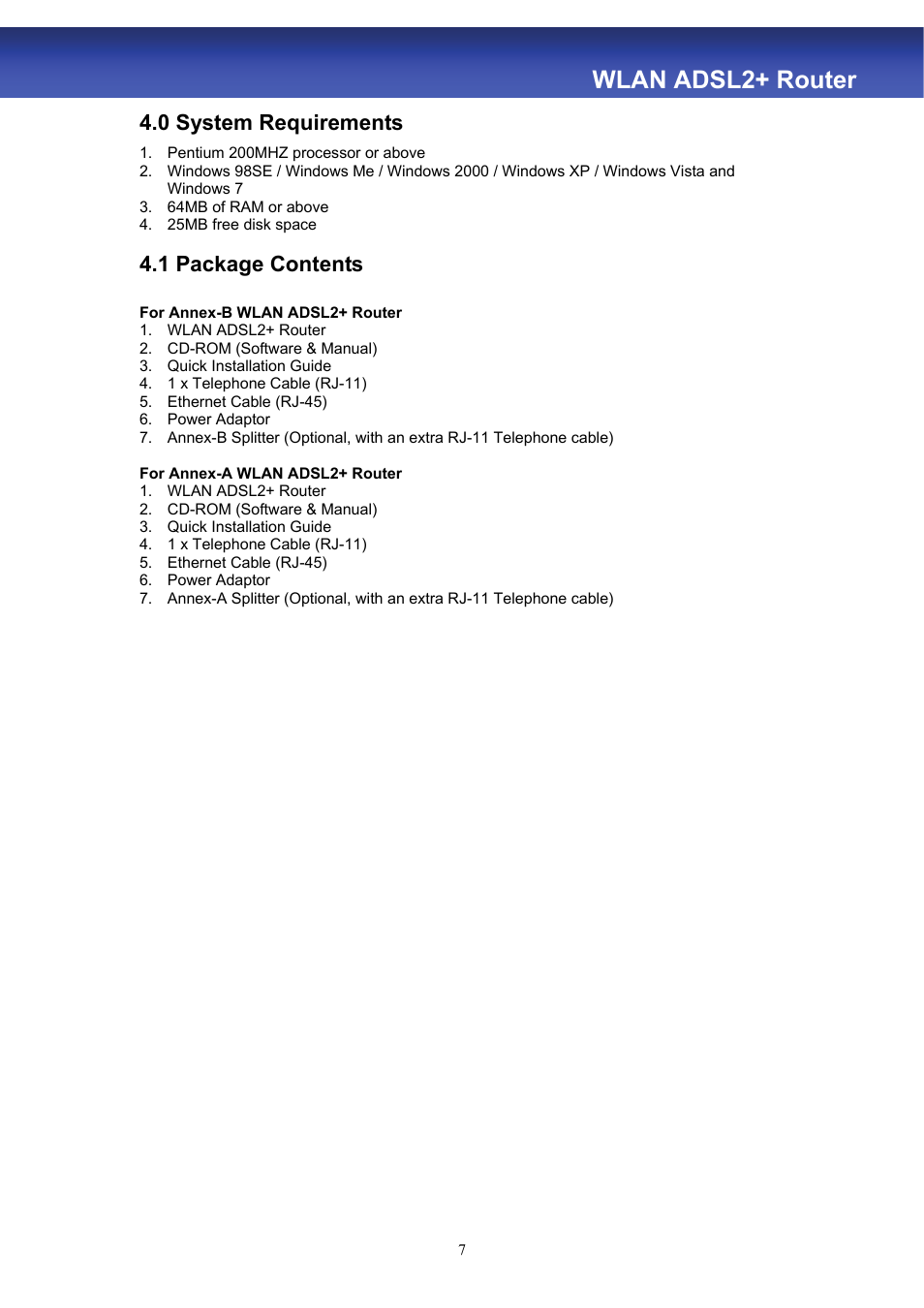 Wlan adsl2+ router, 0 system requirements, 1 package contents | HiRO H50188 User Manual | Page 9 / 71