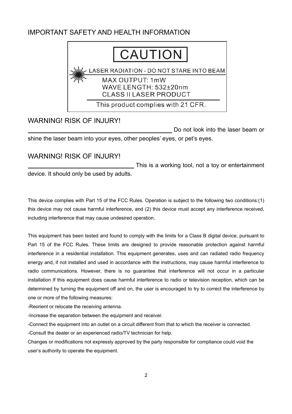Warning! risk of injury | HiRO H50181 User Manual | Page 2 / 20