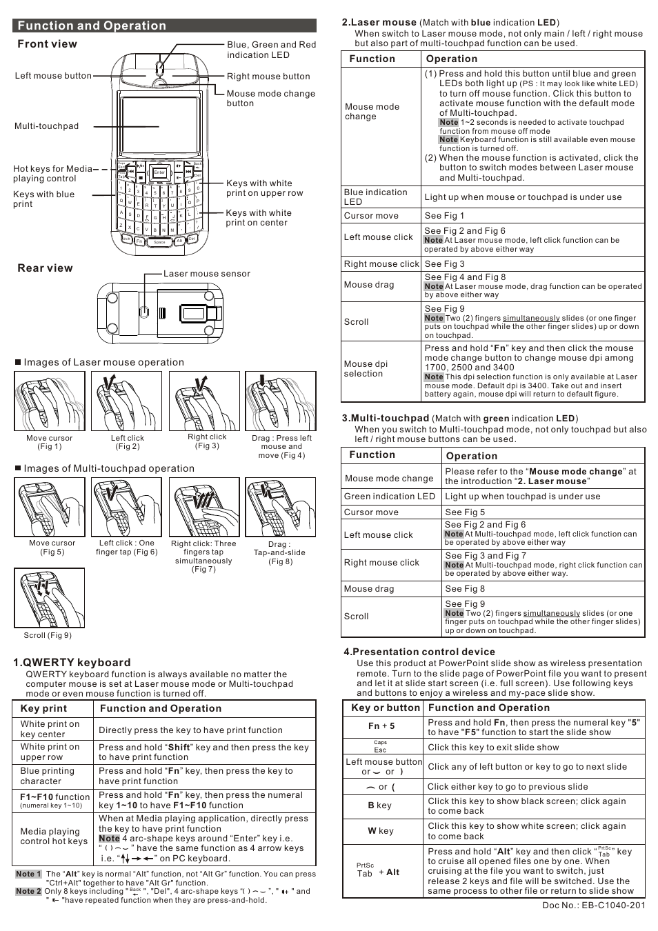 頁面 2, Function and operation, Qwerty keyboard | Front view rear view, Laser mouse, Function operation, Multi-touchpad, Presentation control device, Key or button function and operation, Images of laser mouse operation | HiRO H50202 User Manual | Page 2 / 2