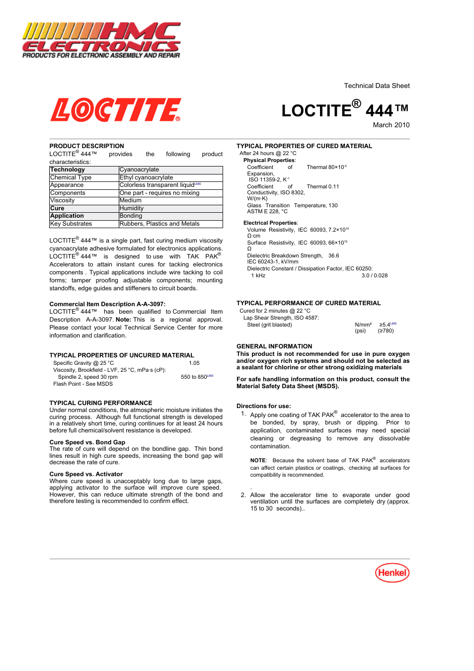 HMC Electronics 12292 Loctite 444 Tak Pak Adhesive User Manual | 2 pages